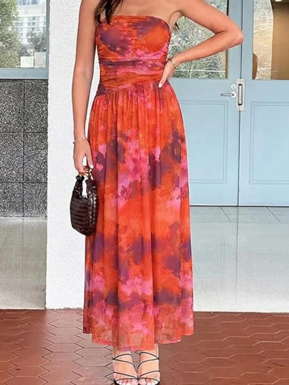 Summer Floral Maxi Strapless Tube Long Mesh Flowy Dress